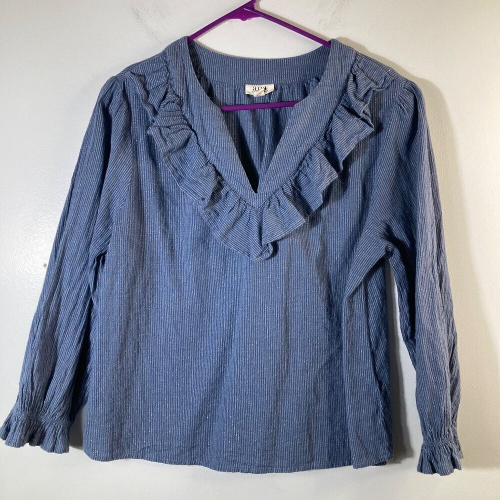 Womens ANA Linen Blend V Neck Ruffle Top 3/4 Sleeve Blue Metallic L Cotton Linen